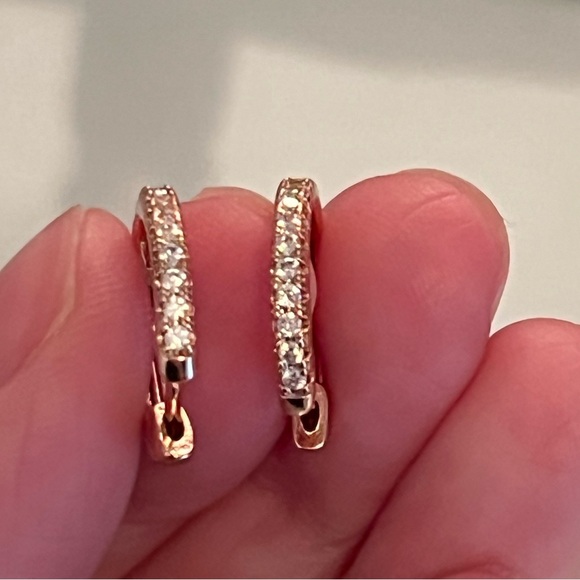 Rose Gold Diamond Huggie Hoop Earrings - Picture 3 of 6
